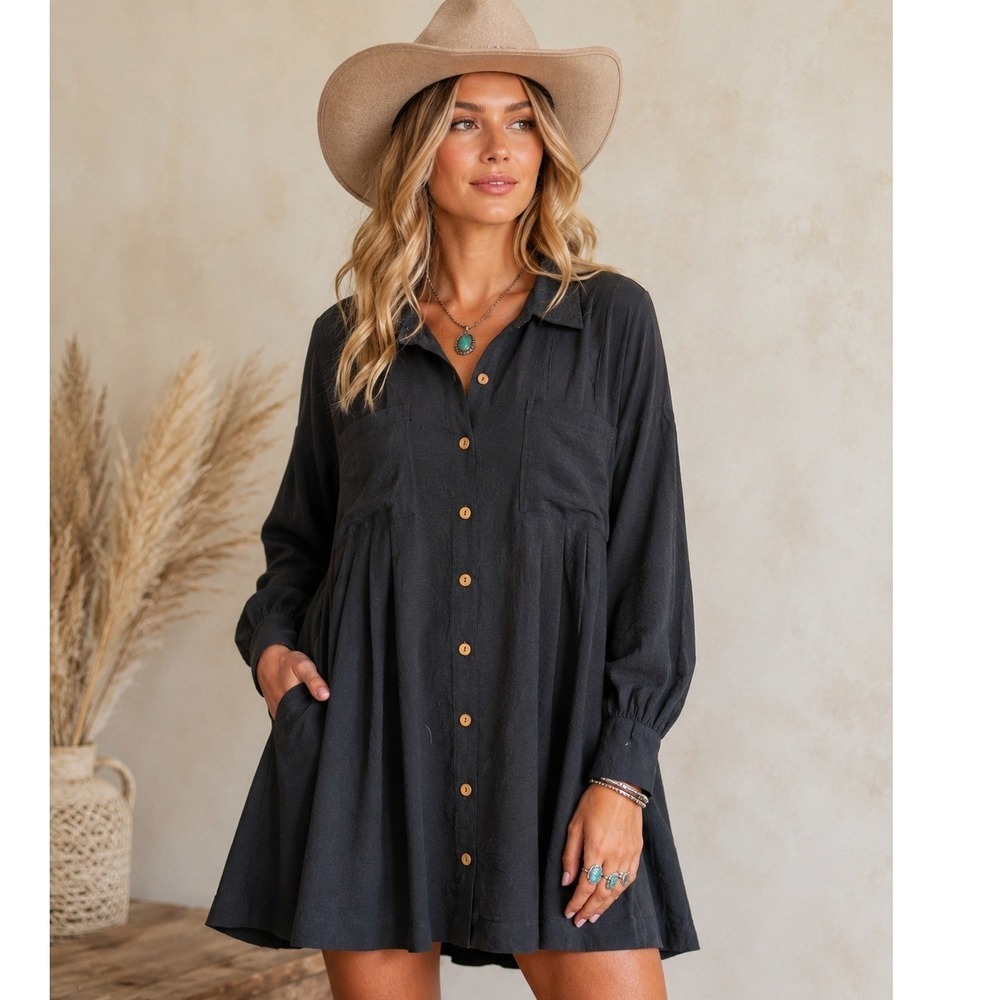 BTFBM Women's Black Button Front Long Sleeve Tunic Shirt Dress Boho Medium